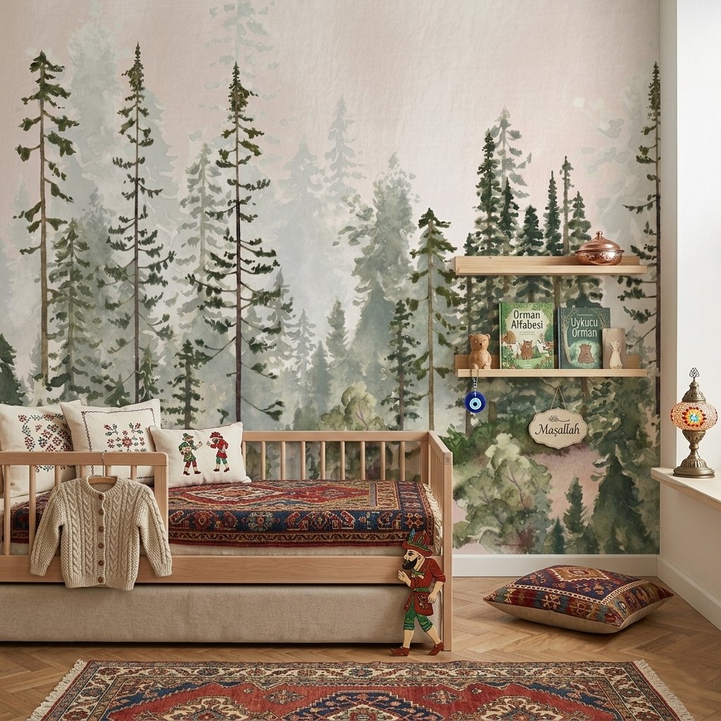 Orman Temalı Suluboya Çam Ağaçları Çocuk Odası Duvar Kağıdı