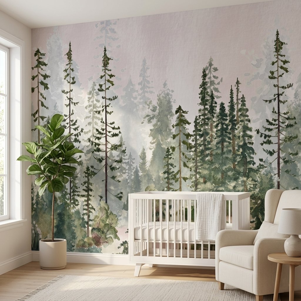 Orman Temalı Suluboya Çam Ağaçları Çocuk Odası Duvar Kağıdı
