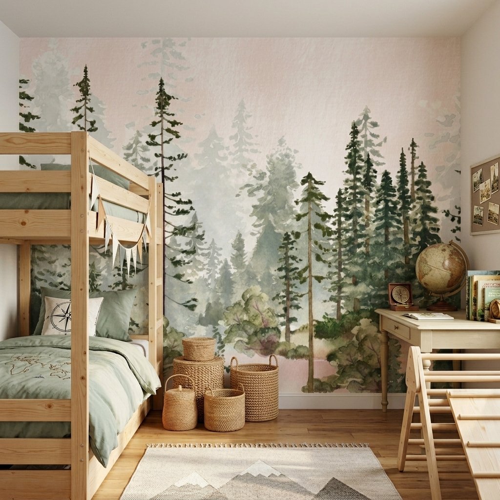 Orman Temalı Suluboya Çam Ağaçları Çocuk Odası Duvar Kağıdı