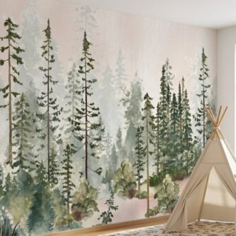 Orman Temalı Suluboya Çam Ağaçları Çocuk Odası Duvar Kağıdı