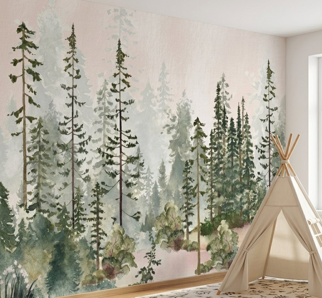 Orman Temalı Suluboya Çam Ağaçları Çocuk Odası Duvar Kağıdı