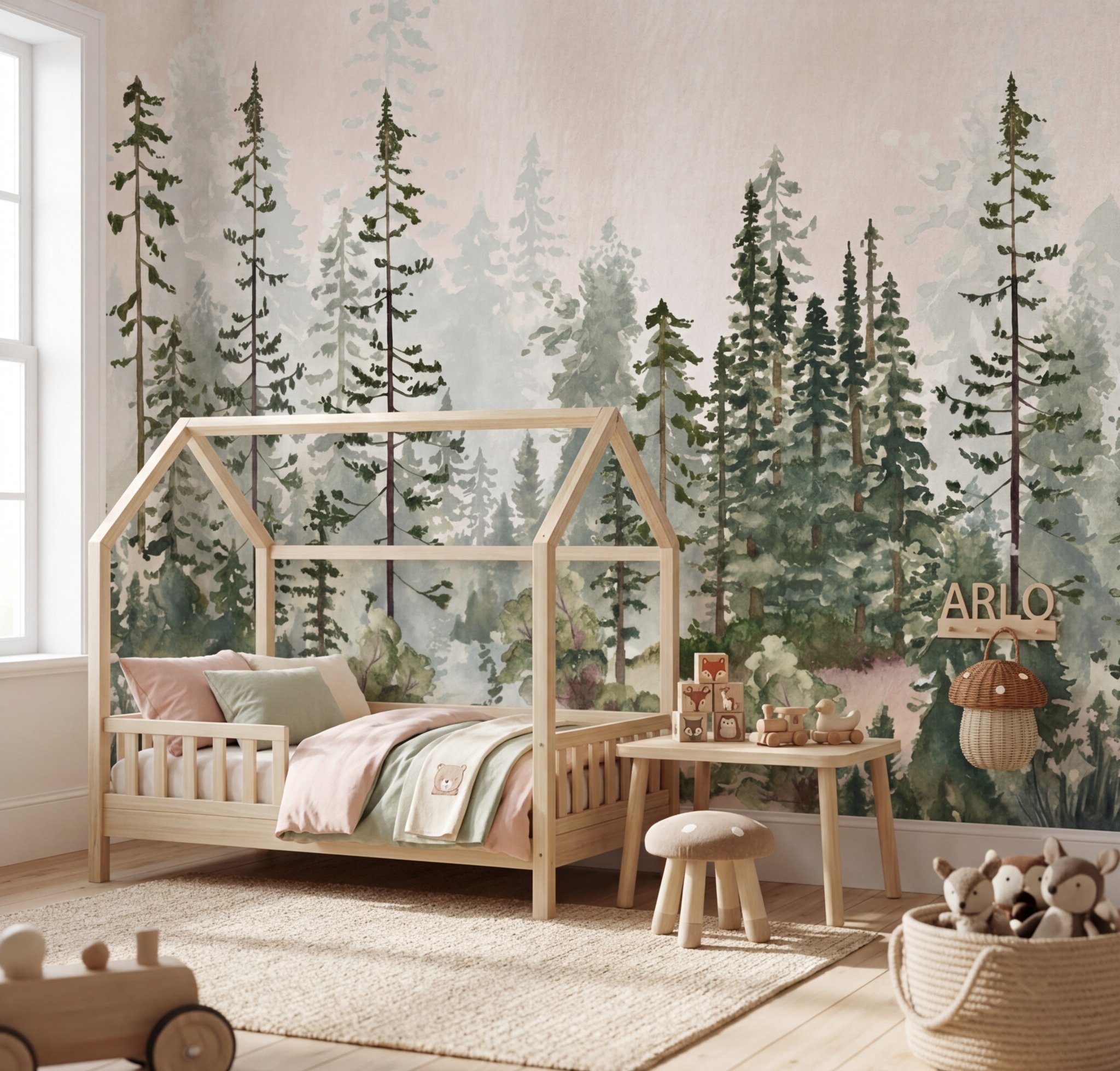 Orman Temalı Suluboya Çam Ağaçları Çocuk Odası Duvar Kağıdı
