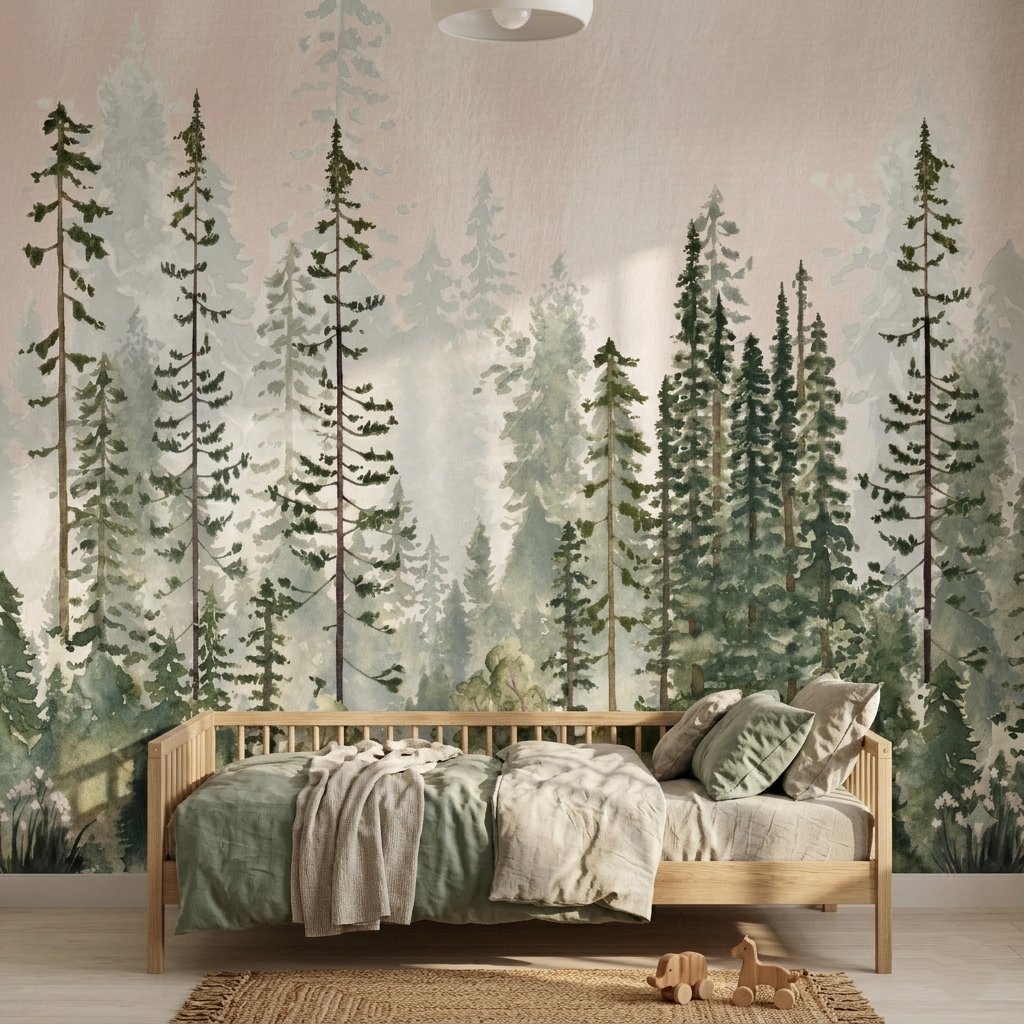 Orman Temalı Suluboya Çam Ağaçları Çocuk Odası Duvar Kağıdı