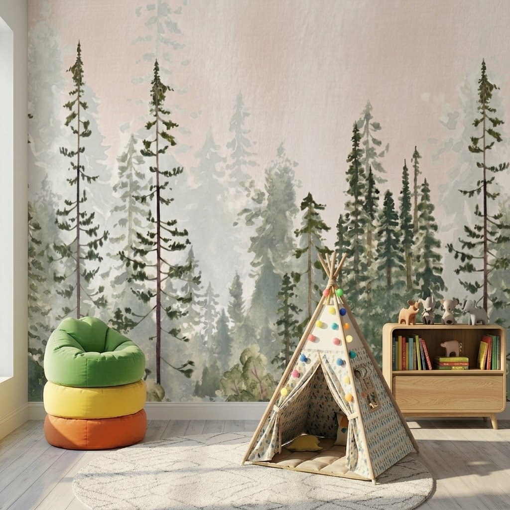Orman Temalı Suluboya Çam Ağaçları Çocuk Odası Duvar Kağıdı