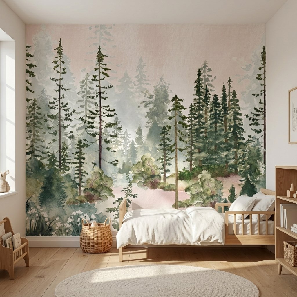 Orman Temalı Suluboya Çam Ağaçları Çocuk Odası Duvar Kağıdı