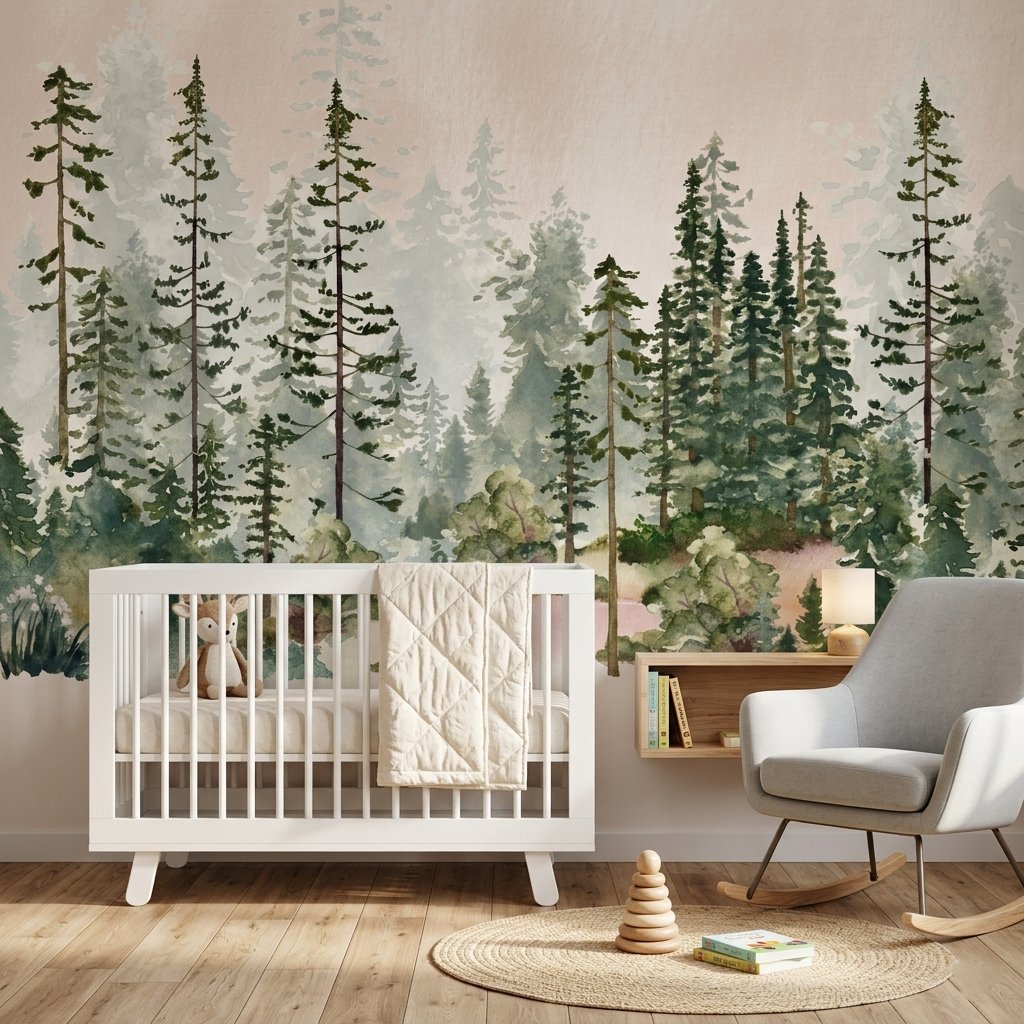 Orman Temalı Suluboya Çam Ağaçları Çocuk Odası Duvar Kağıdı