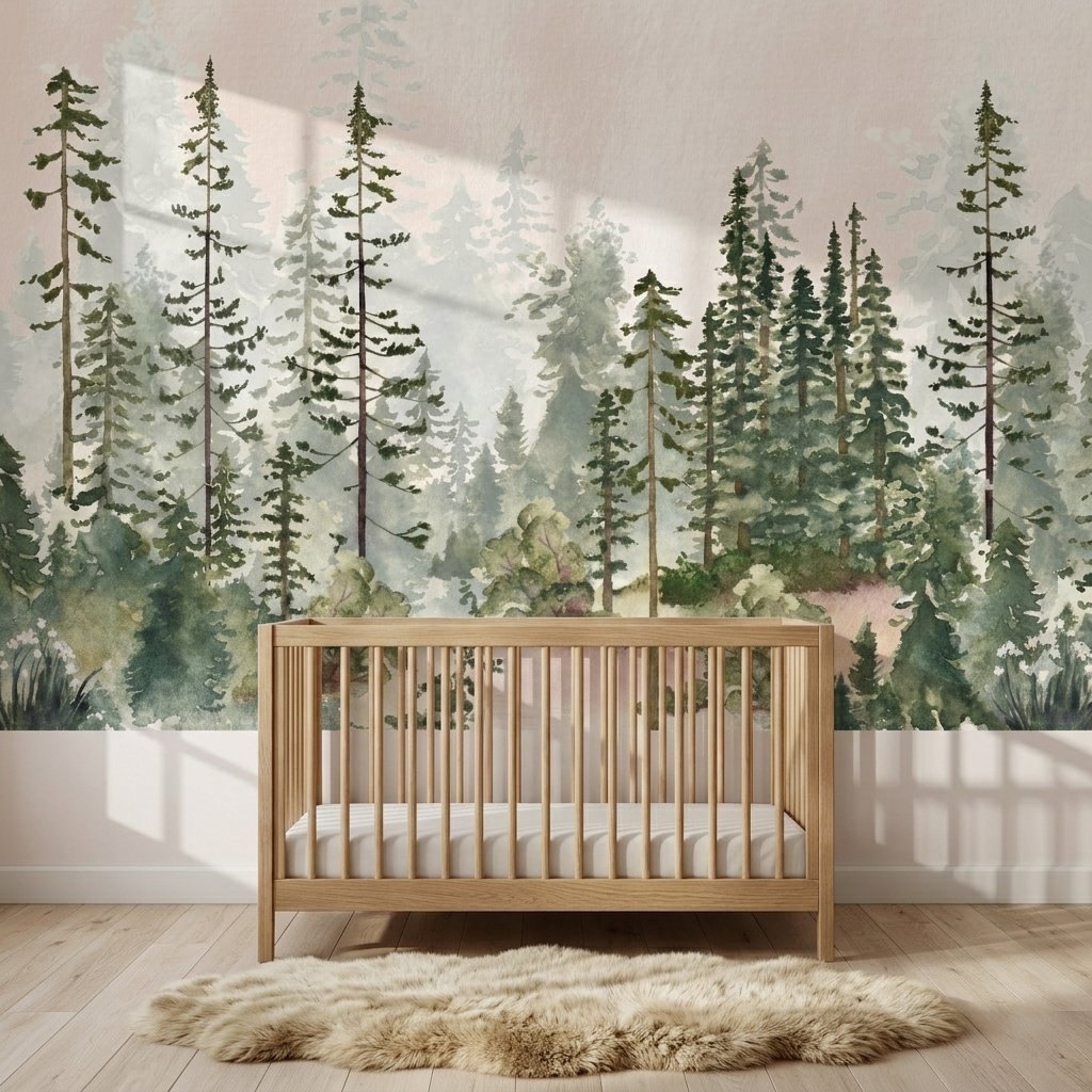 Orman Temalı Suluboya Çam Ağaçları Çocuk Odası Duvar Kağıdı