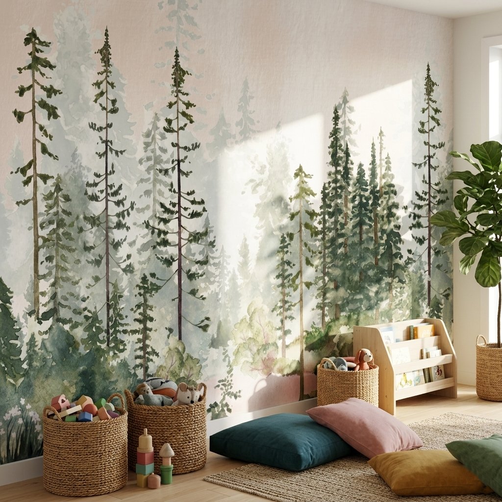 Orman Temalı Suluboya Çam Ağaçları Çocuk Odası Duvar Kağıdı
