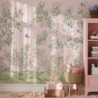 Pembe Çin Tarzı Çiçekli Kuş Bahçesi Çocuk Odası Duvar Kağıdı