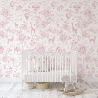 Pembe Orman Desenli Safari Hayvanları ve Balonlar Çocuk Odası Duvar Kağıdı