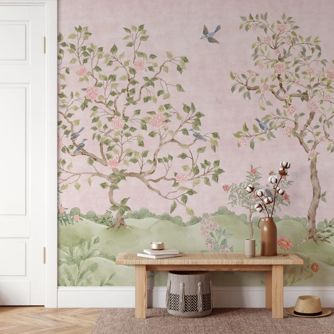 Romantik Pembe Çin Tarzı Çiçekli Kuş Manzarası Çocuk Odası Duvar Kağıdı