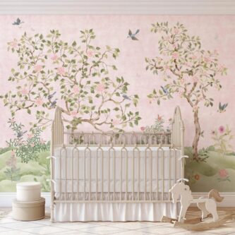Romantik Pembe Çin Tarzı Çiçekli Kuş Manzarası Çocuk Odası Duvar Kağıdı