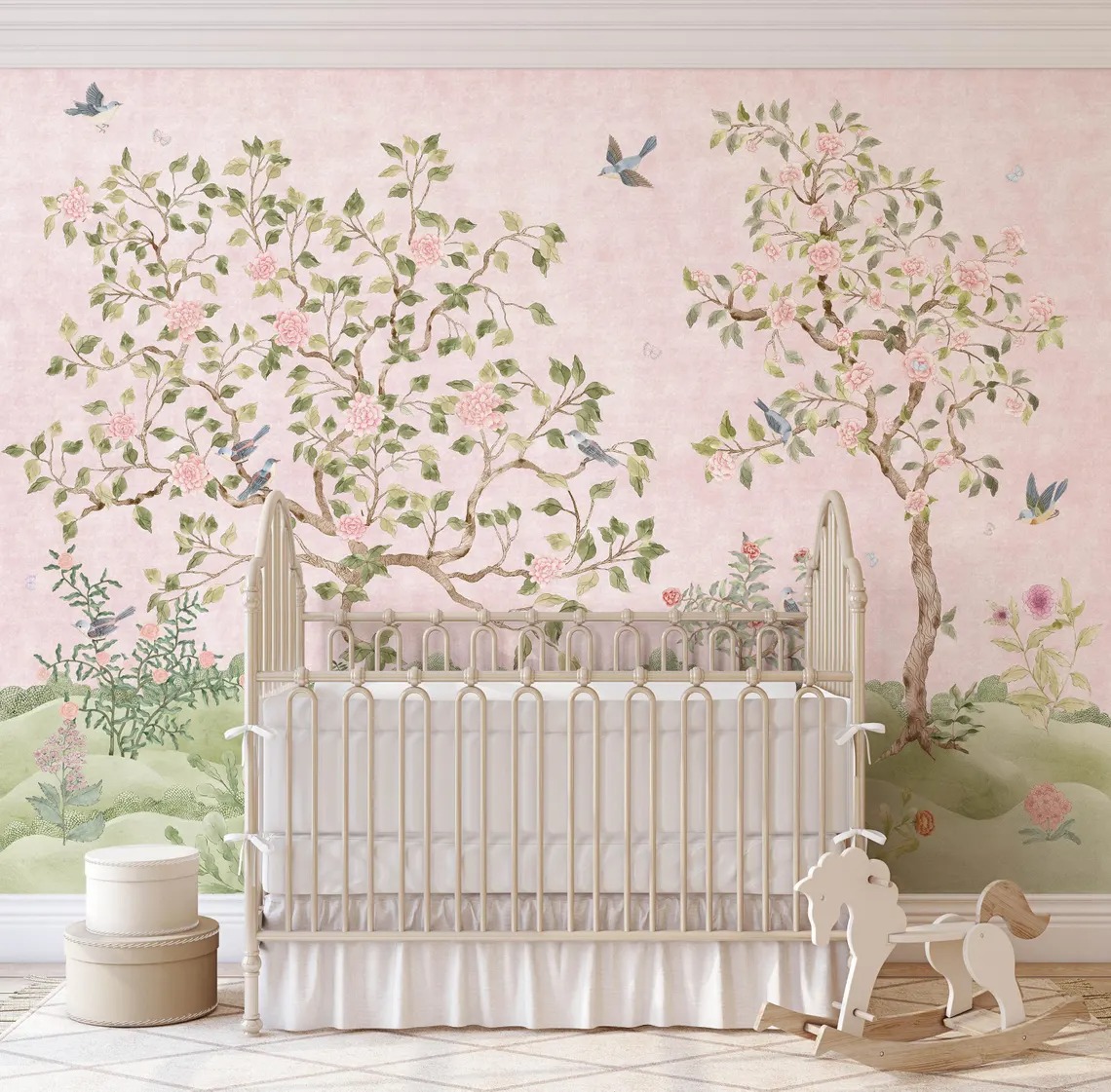 Romantik Pembe Çin Tarzı Çiçekli Kuş Manzarası Çocuk Odası Duvar Kağıdı