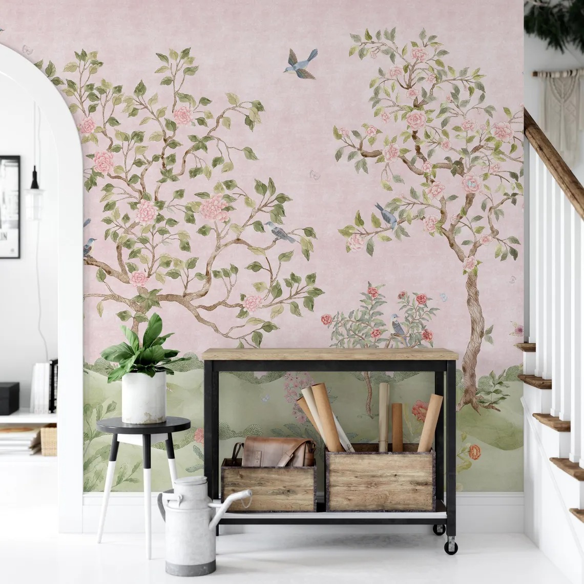 Romantik Pembe Çin Tarzı Çiçekli Kuş Manzarası Çocuk Odası Duvar Kağıdı