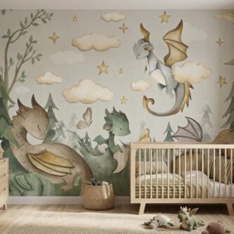 Sevimli Bebek Ejderhalar ve Ay ile Fantastik Orman Çocuk Odası Duvar Kağıdı