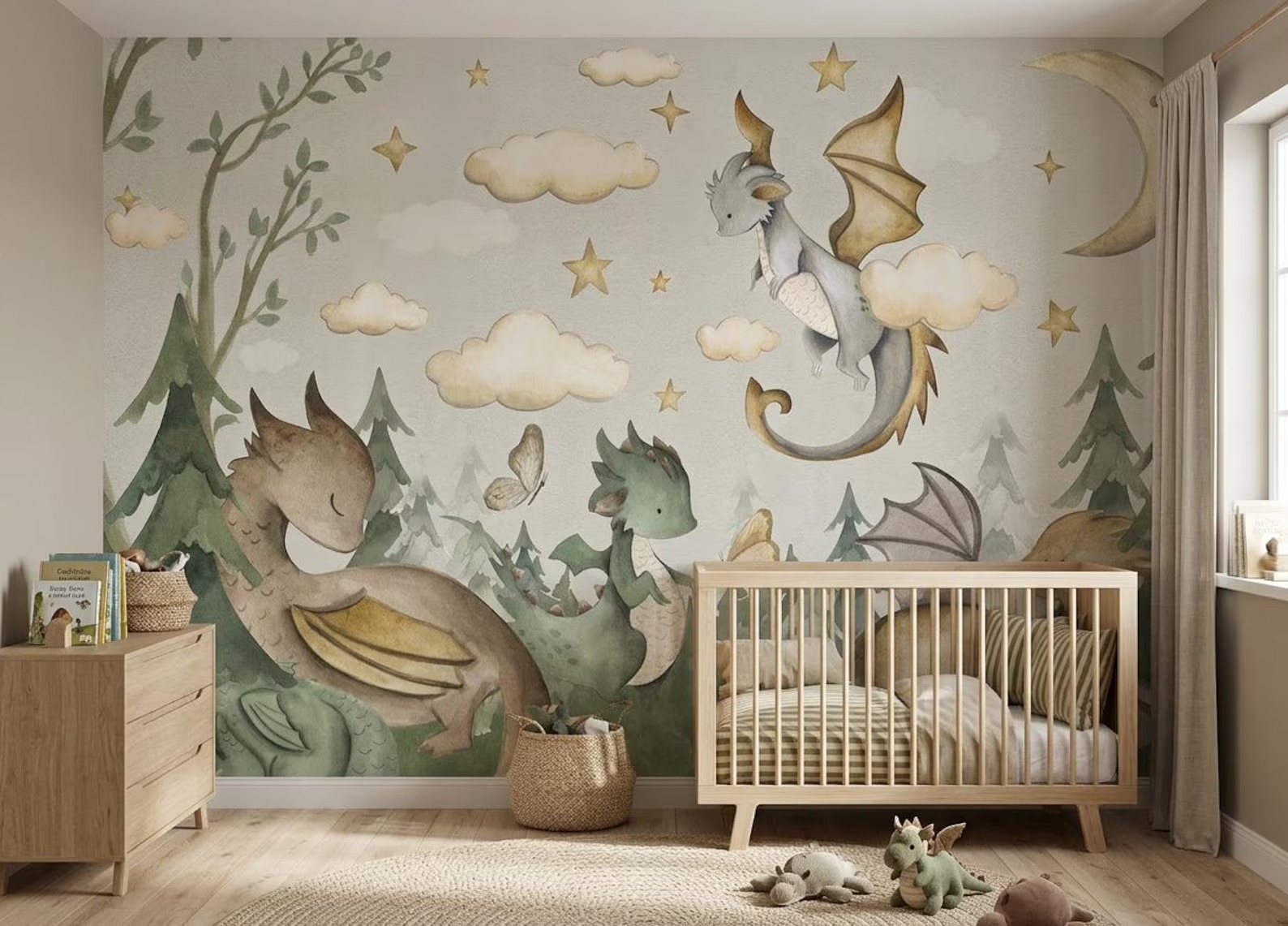 Sevimli Bebek Ejderhalar ve Ay ile Fantastik Orman Çocuk Odası Duvar Kağıdı