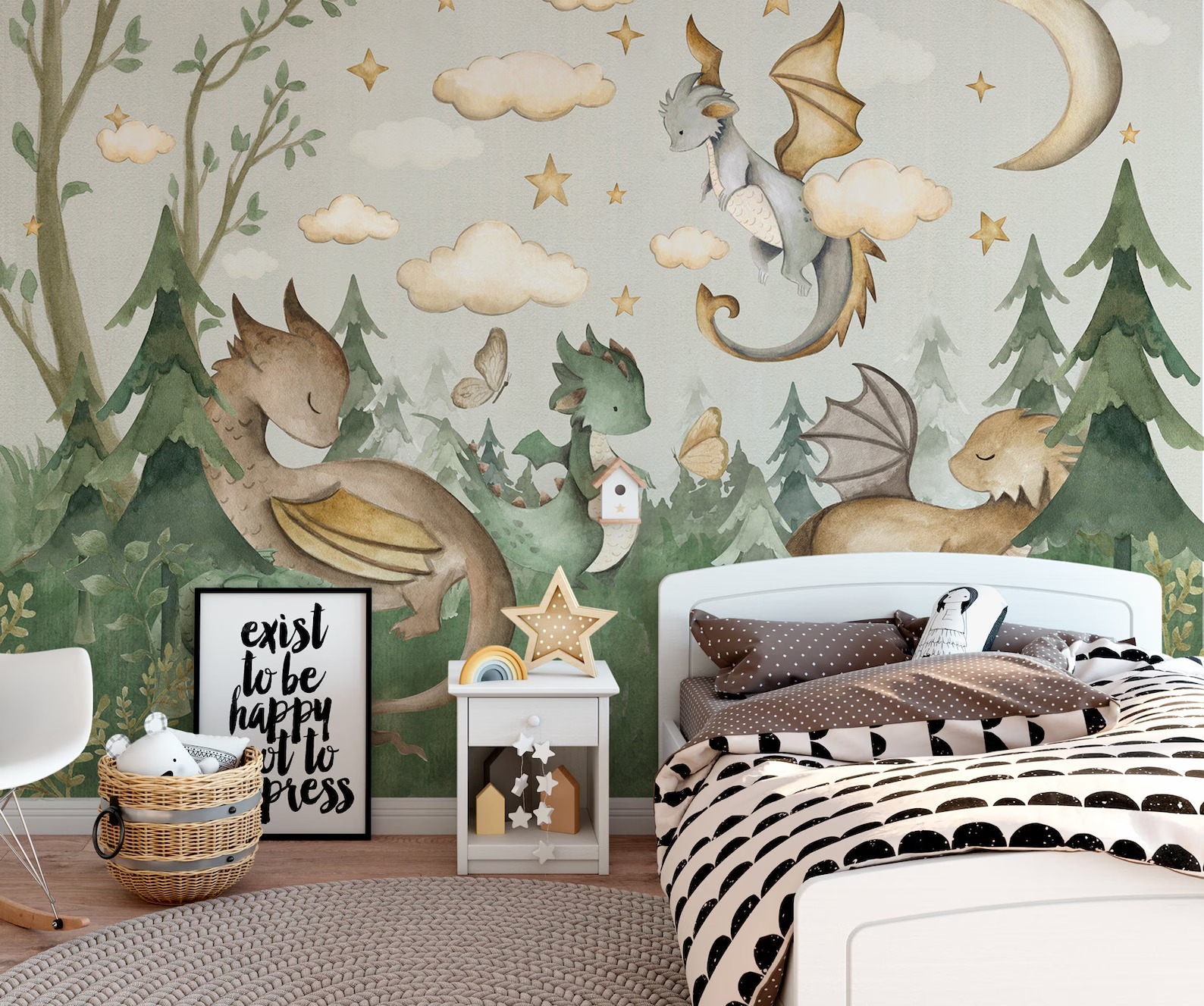 Sevimli Bebek Ejderhalar ve Ay ile Fantastik Orman Çocuk Odası Duvar Kağıdı