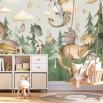 Sevimli Bebek Ejderhalar ve Ay ile Fantastik Orman Çocuk Odası Duvar Kağıdı