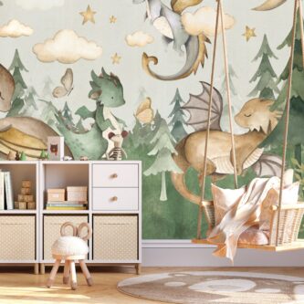 Sevimli Bebek Ejderhalar ve Ay ile Fantastik Orman Çocuk Odası Duvar Kağıdı