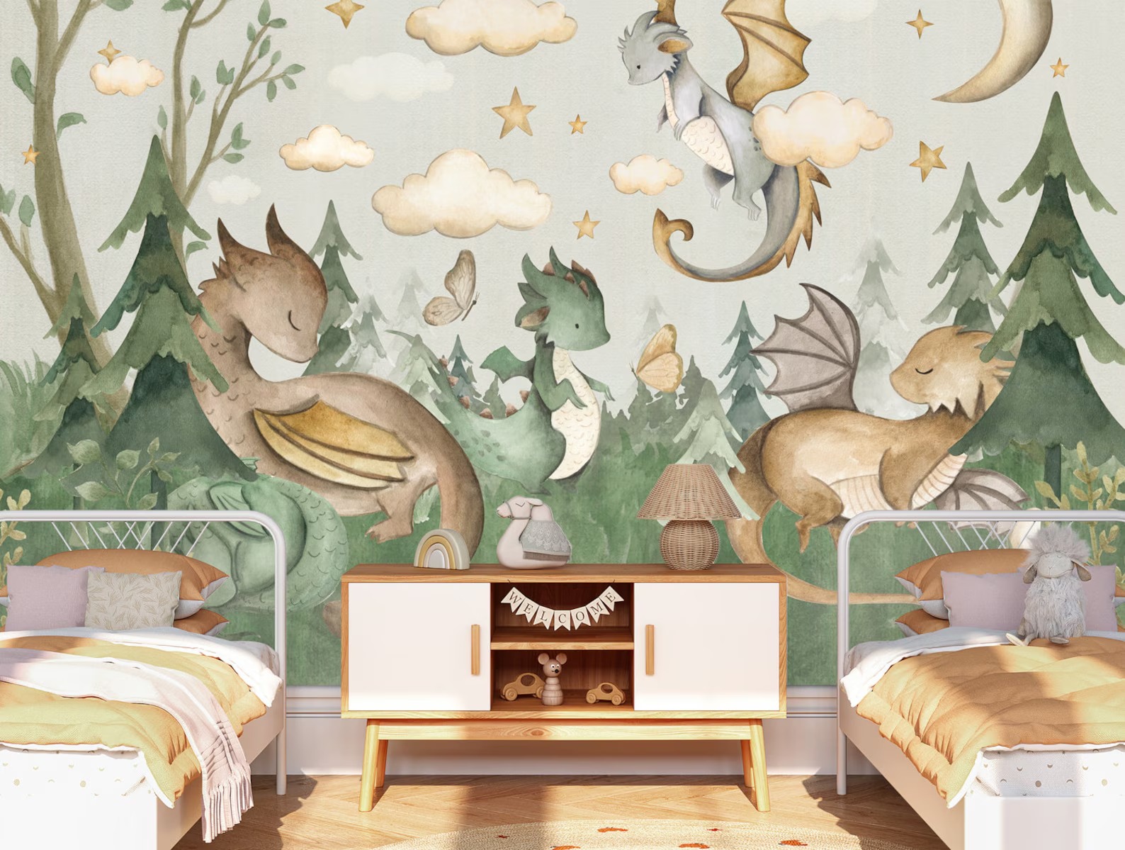 Sevimli Bebek Ejderhalar ve Ay ile Fantastik Orman Çocuk Odası Duvar Kağıdı