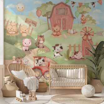 Sevimli Çiftlik Hayvanları Pastel Suluboya Çocuk Odası Duvar Kağıdı