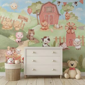 Sevimli Çiftlik Hayvanları Pastel Suluboya Çocuk Odası Duvar Kağıdı