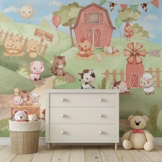 Sevimli Çiftlik Hayvanları Pastel Suluboya Çocuk Odası Duvar Kağıdı
