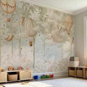 Sıcak Hava Balonu Ay ve Bulutlar Uçan Kuğu Çocuk Odası Duvar Kağıdı