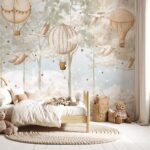 Sıcak Hava Balonu Ay ve Bulutlar Uçan Kuğu Çocuk Odası Duvar Kağıdı