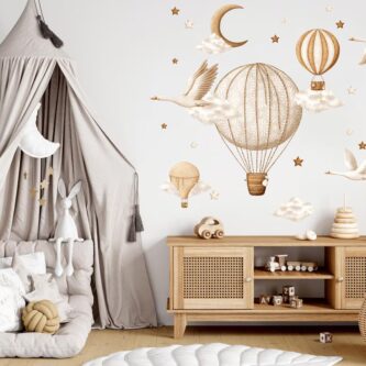 Sıcak Hava Balonu Uçan Kuğular Çocuk Odası Duvar Kağıdı