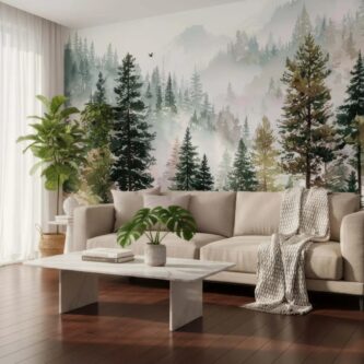 Suluboya Orman Çam Ağacı Sisli Yeşil Duvar Kağıdı