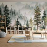 Suluboya Orman Çam Ağacı Sisli Yeşil Duvar Kağıdı