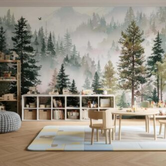 Suluboya Orman Çam Ağacı Sisli Yeşil Duvar Kağıdı