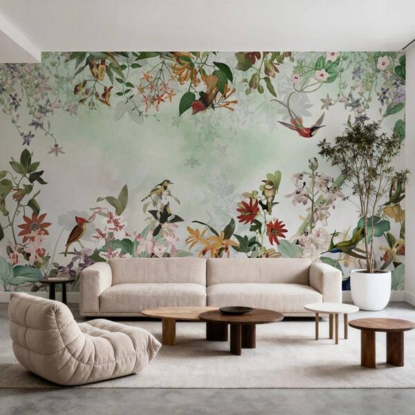 Yeşil Kırmızı Kuşlar Tropik Duvar Kağıdı