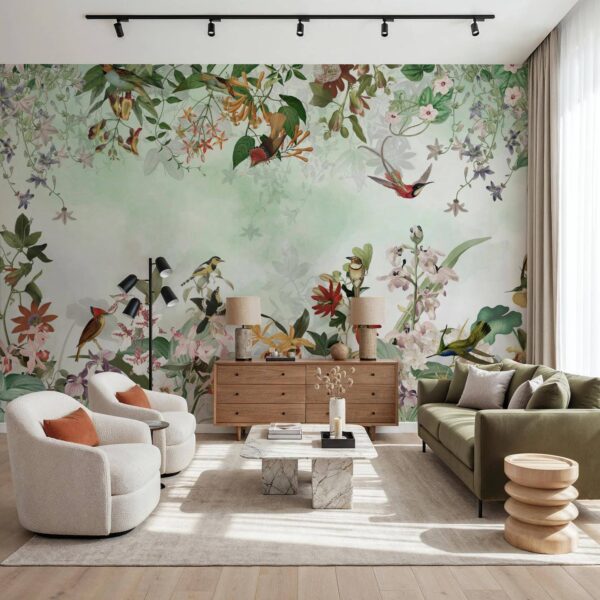 Yeşil Kırmızı Kuşlar Tropik Duvar Kağıdı