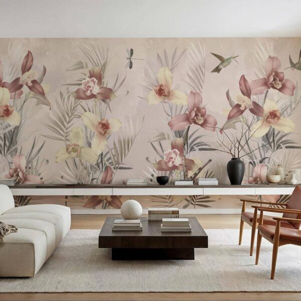 Yeşil Palmiye Sarı Orkide Sepya Duvar Kağıdı