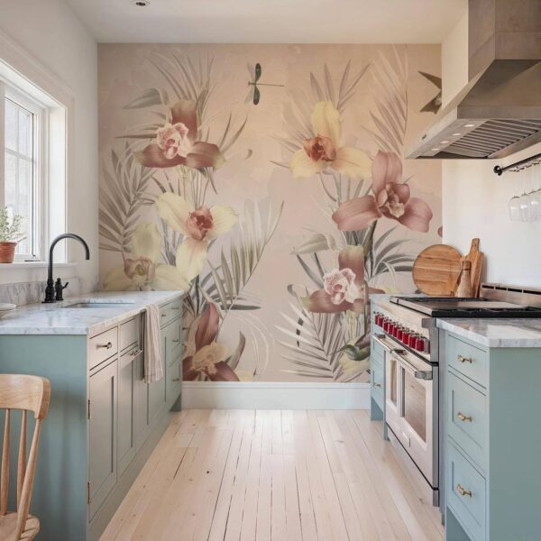 Yeşil Palmiye Sarı Orkide Sepya Duvar Kağıdı