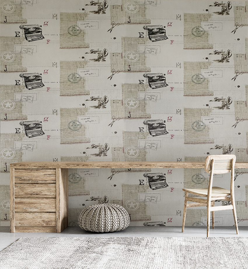 Krem Retro Daktilo Ve Posta Desenleri 16 M2 Duvar Kagidi 15269 2Jpg