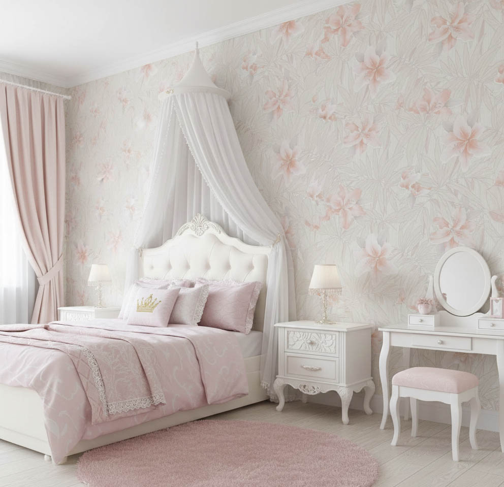 Krem Yaprakli Toz Pembe Cicekli Tropikal Duvar Kagidi 669510 Resim2 6683Jpg