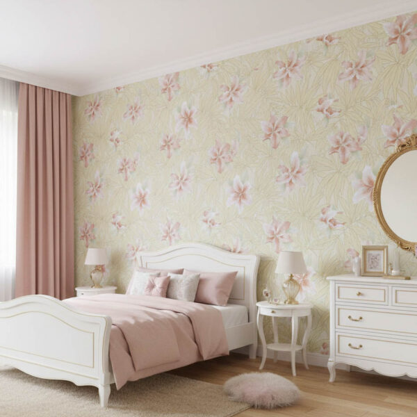 Sari Yapraklar Pembe Cicekli Tropikal Duvar Kagidi 669534 Resim 6685Jpg