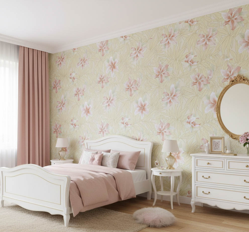 Sari Yapraklar Pembe Cicekli Tropikal Duvar Kagidi 669534 Resim 6685Jpg